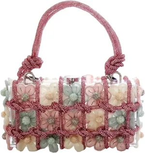 Fashion Women Clear Purse Acrylic Box Clutch Handbag, Small Weave Diamonds Crossbody Evening Bag,Metal Chain Floral Design