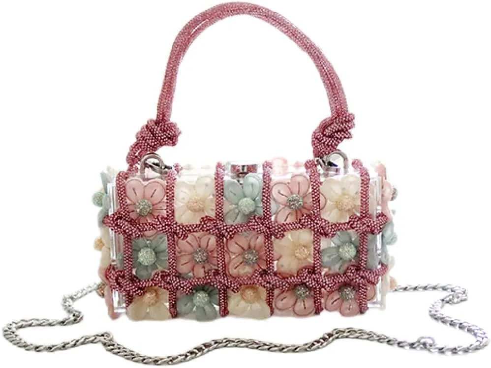 Fashion Women Clear Purse Acrylic Box Clutch Handbag, Small Weave Diamonds Crossbody Evening Bag,Metal Chain Floral Design