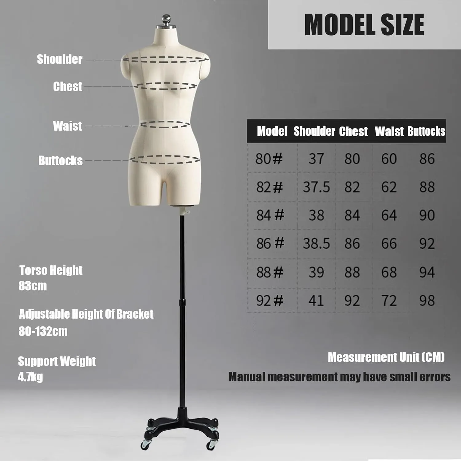 Female Tailors Dummy Female Mannequin Torso Dress Form for Sewing Clothes, Adjustable Dress Mannequin Body Tailors Dummy Torso with Stand Metal Base for Clothing Window Display with Stand