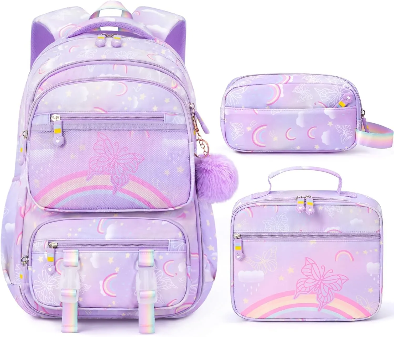 Fimibuke Kids Backpack for School Girls, 3PCS Rainbow & Butterflies Teen Girls Backpack with Lunch Box & Pencil Case, Cute Bookbag School Bag for Kindergarten Elementary Middle School Student Ages 5 