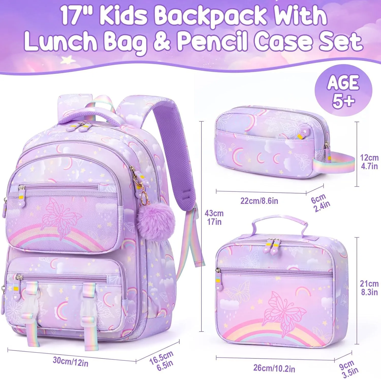 Fimibuke Kids Backpack for School Girls, 3PCS Rainbow & Butterflies Teen Girls Backpack with Lunch Box & Pencil Case, Cute Bookbag School Bag for Kindergarten Elementary Middle School Student Ages 5 