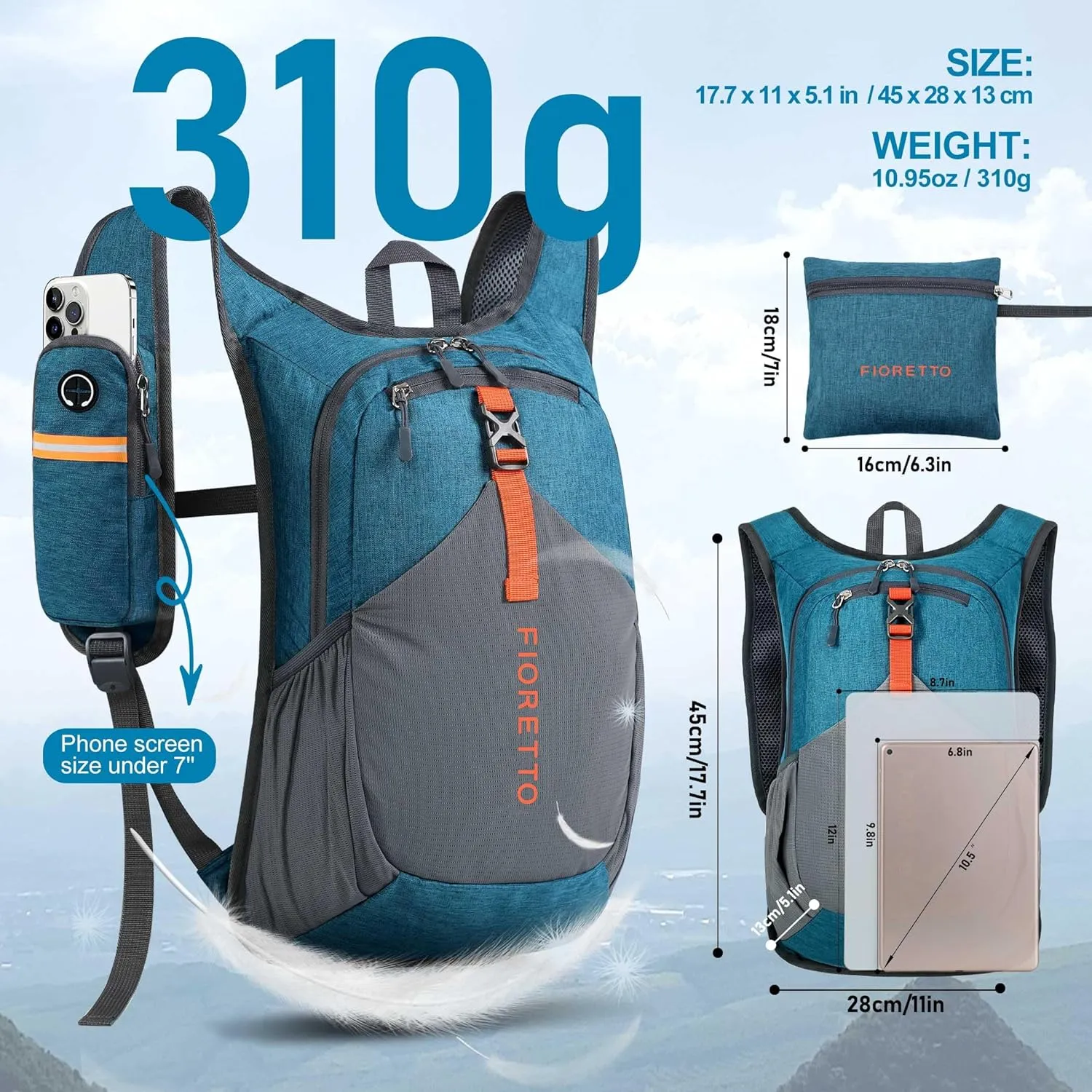 FIORETTO 15L Hiking Backpack for Women Men Mini Packable Backpack Lightweight Small Daypack for Camping Travel Outdoor, Turquoise