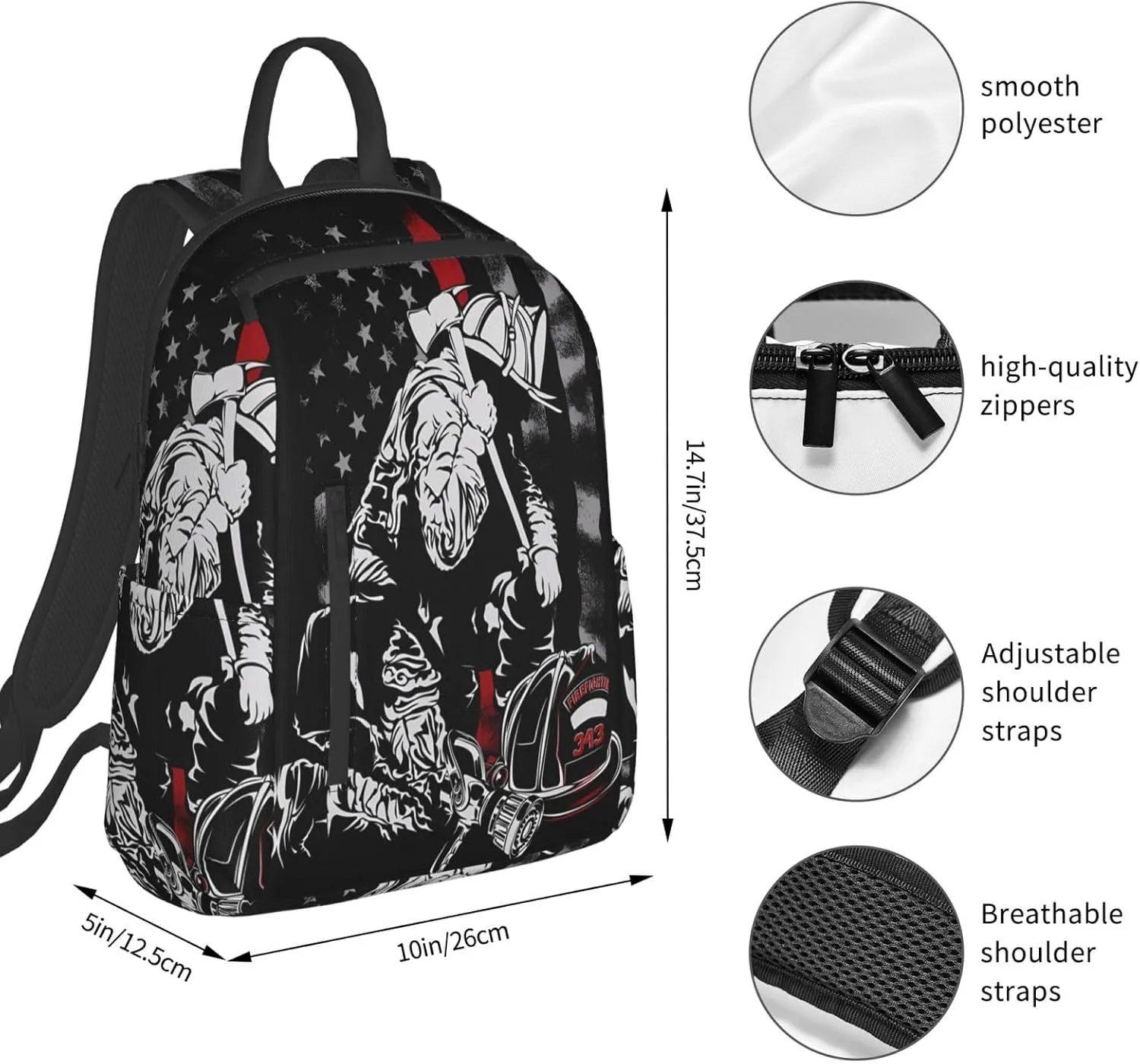 Firefighter American Flag Memorial Never Forget Flag Casual Backpacks Laptop Backpack Outdoor Travel Rucksack Sport Carry-On Daypack Lightweight Bag with Multi-Pockets