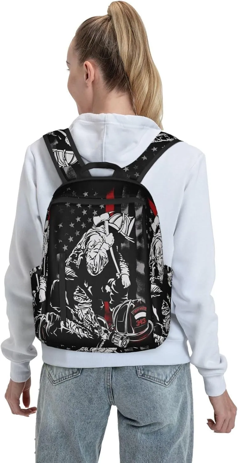 Firefighter American Flag Memorial Never Forget Flag Casual Backpacks Laptop Backpack Outdoor Travel Rucksack Sport Carry-On Daypack Lightweight Bag with Multi-Pockets