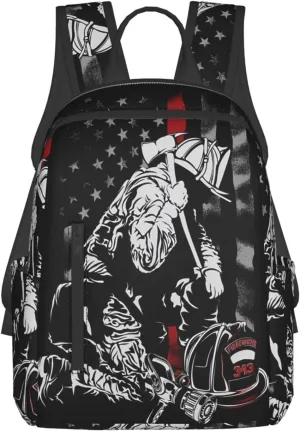 Firefighter American Flag Memorial Never Forget Flag Casual Backpacks Laptop Backpack Outdoor Travel Rucksack Sport Carry-On Daypack Lightweight Bag with Multi-Pockets