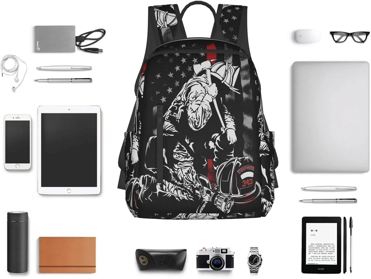 Firefighter American Flag Memorial Never Forget Flag Casual Backpacks Laptop Backpack Outdoor Travel Rucksack Sport Carry-On Daypack Lightweight Bag with Multi-Pockets