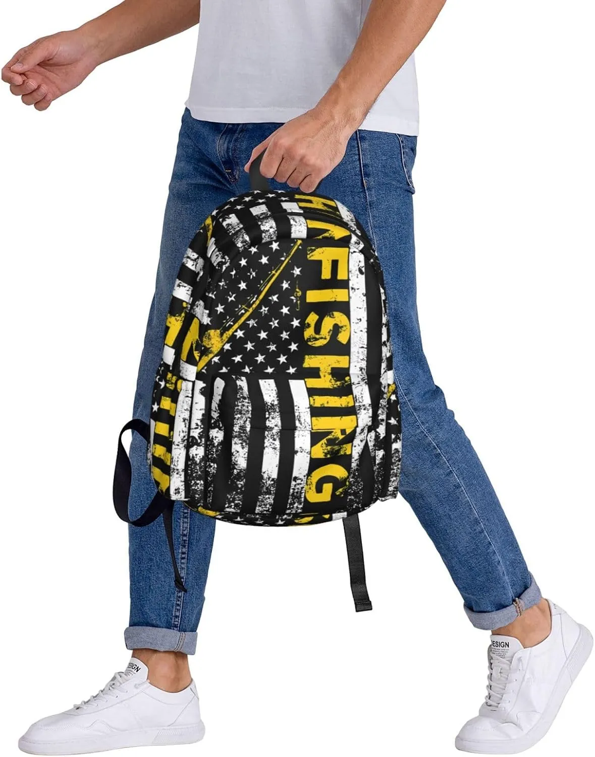 Fish American Flag Fishing Rod Casual Backpacks Large Travel Backpack Laptop Rucksack Sports Daypack Adjustable Strap Bag for Camping Hiking