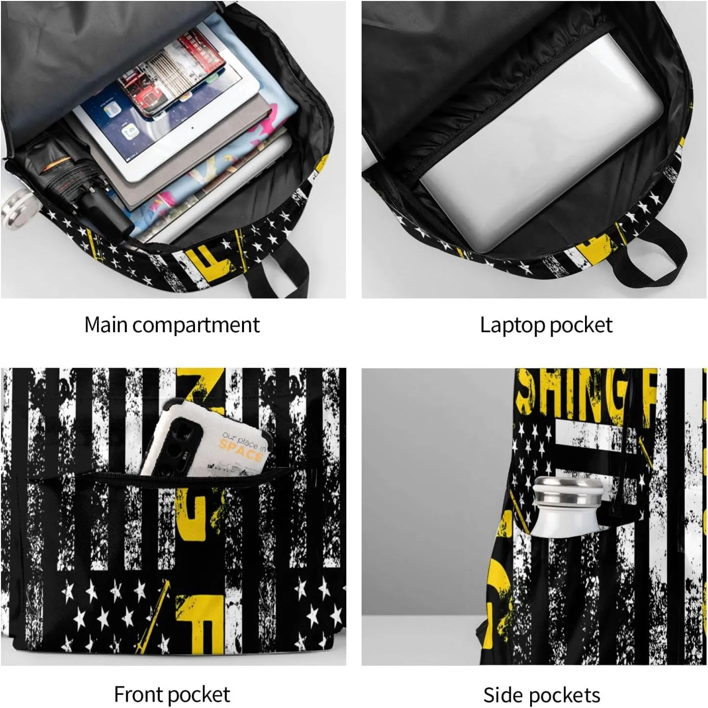 Fish American Flag Fishing Rod Casual Backpacks Large Travel Backpack Laptop Rucksack Sports Daypack Adjustable Strap Bag for Camping Hiking