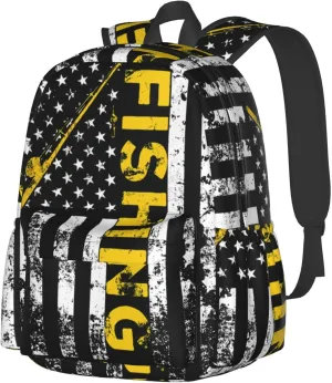 Fish American Flag Fishing Rod Casual Backpacks Large Travel Backpack Laptop Rucksack Sports Daypack Adjustable Strap Bag for Camping Hiking