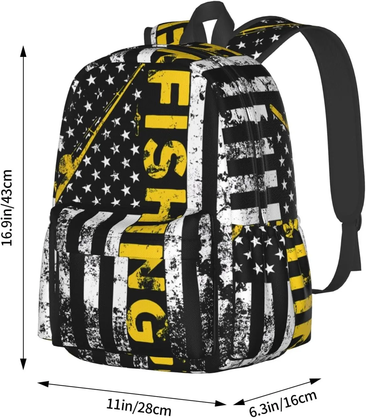 Fish American Flag Fishing Rod Casual Backpacks Large Travel Backpack Laptop Rucksack Sports Daypack Adjustable Strap Bag for Camping Hiking