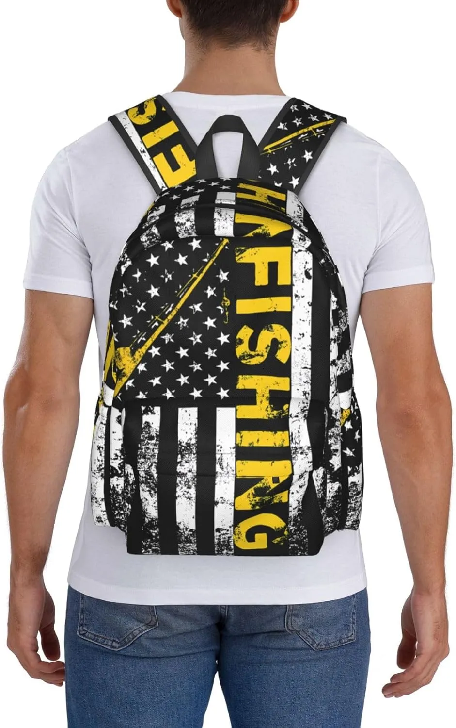 Fish American Flag Fishing Rod Casual Backpacks Large Travel Backpack Laptop Rucksack Sports Daypack Adjustable Strap Bag for Camping Hiking