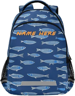 Fish Lines Draw Blue Background customized name backpack girls kids with chest strap personalized name tag books bag for 6th grade school boys girls mochilas para la escuela reflective