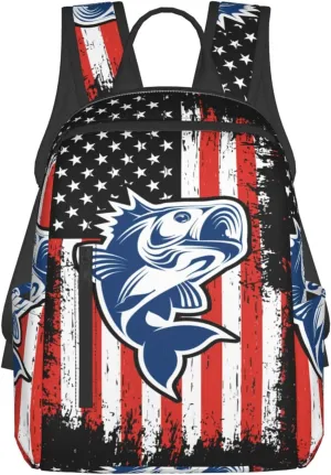 Fishing American Flag Casual Backpacks Laptop Backpack Outdoor Travel Rucksack Sport Carry-On Daypack Lightweight Bag with Multi-Pockets