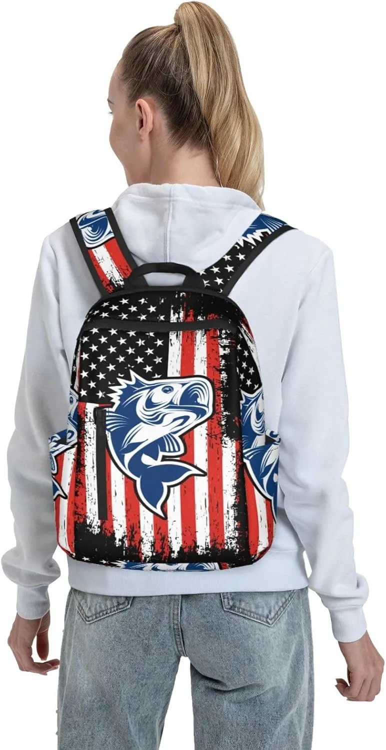Fishing American Flag Casual Backpacks Laptop Backpack Outdoor Travel Rucksack Sport Carry-On Daypack Lightweight Bag with Multi-Pockets
