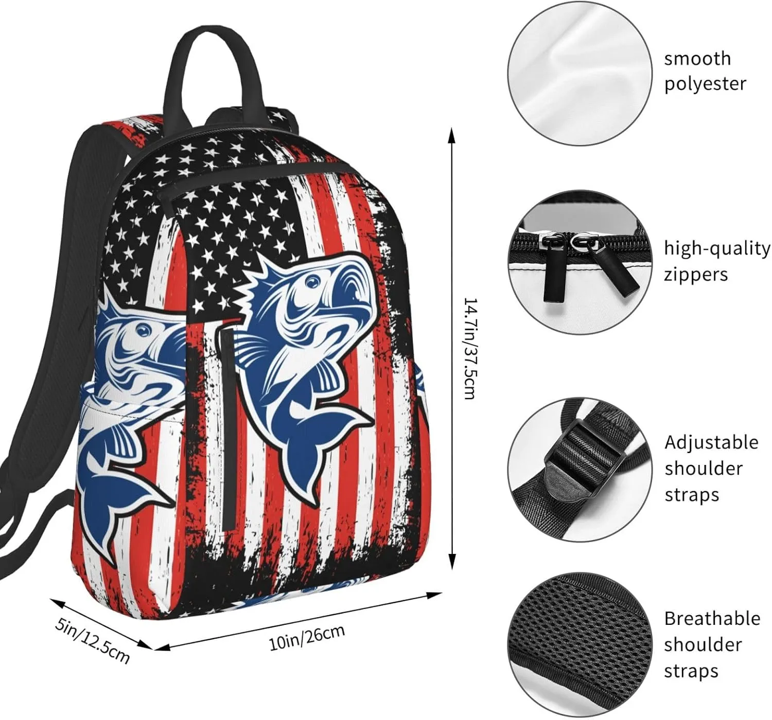Fishing American Flag Casual Backpacks Laptop Backpack Outdoor Travel Rucksack Sport Carry-On Daypack Lightweight Bag with Multi-Pockets