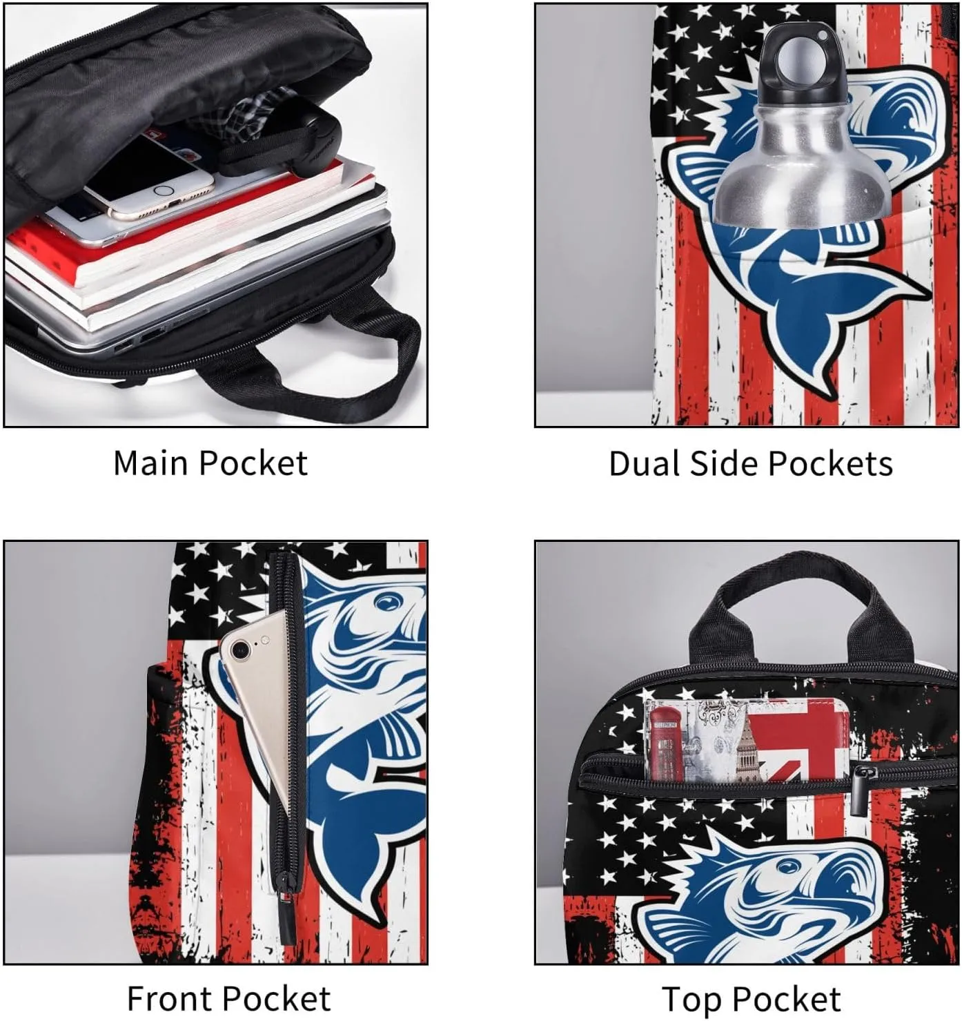 Fishing American Flag Casual Backpacks Laptop Backpack Outdoor Travel Rucksack Sport Carry-On Daypack Lightweight Bag with Multi-Pockets