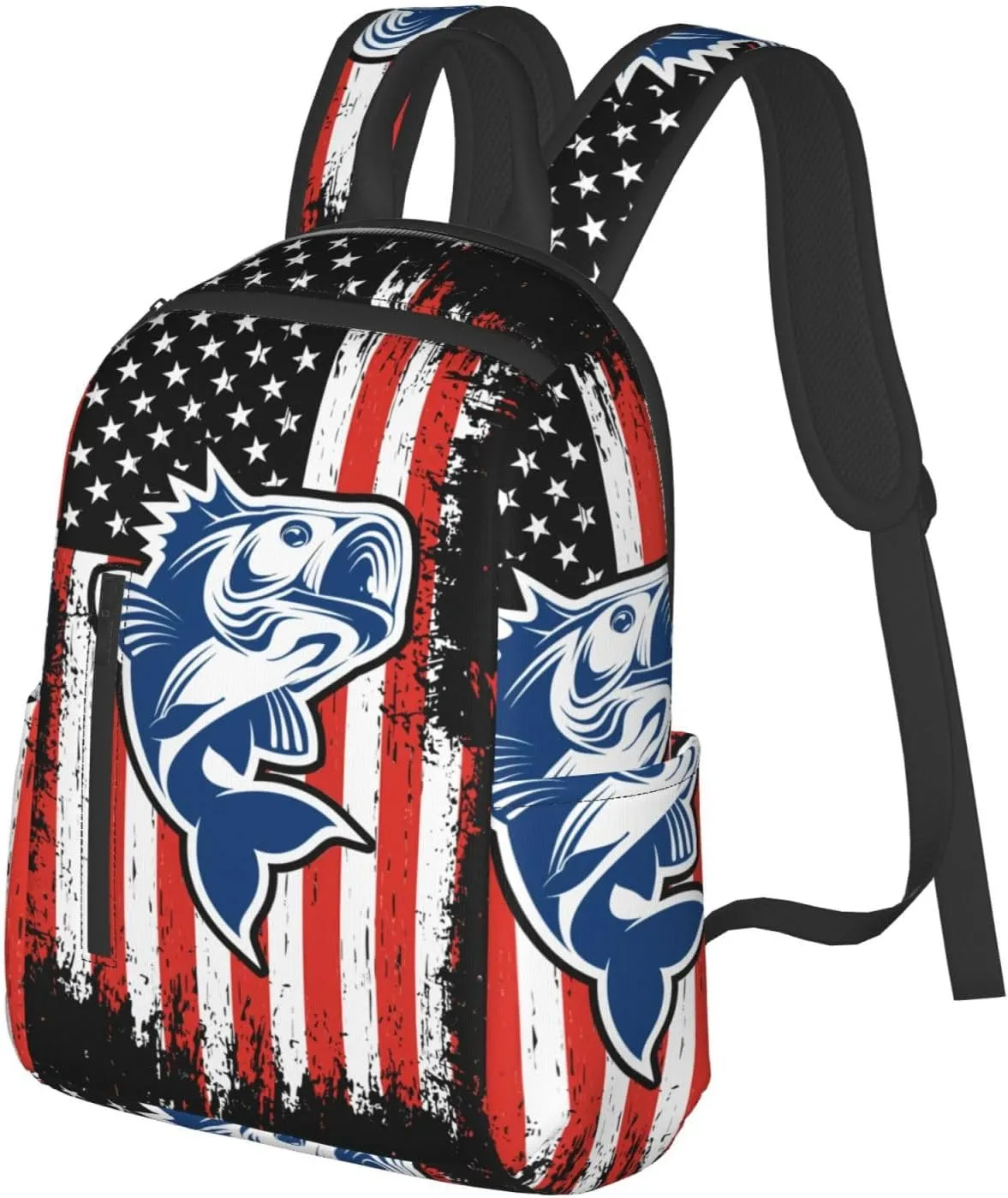 Fishing American Flag Casual Backpacks Laptop Backpack Outdoor Travel Rucksack Sport Carry-On Daypack Lightweight Bag with Multi-Pockets
