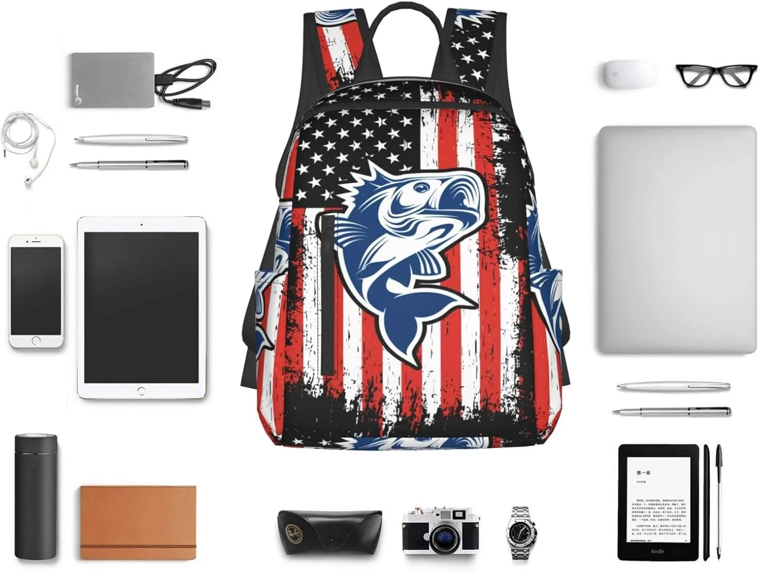 Fishing American Flag Casual Backpacks Laptop Backpack Outdoor Travel Rucksack Sport Carry-On Daypack Lightweight Bag with Multi-Pockets