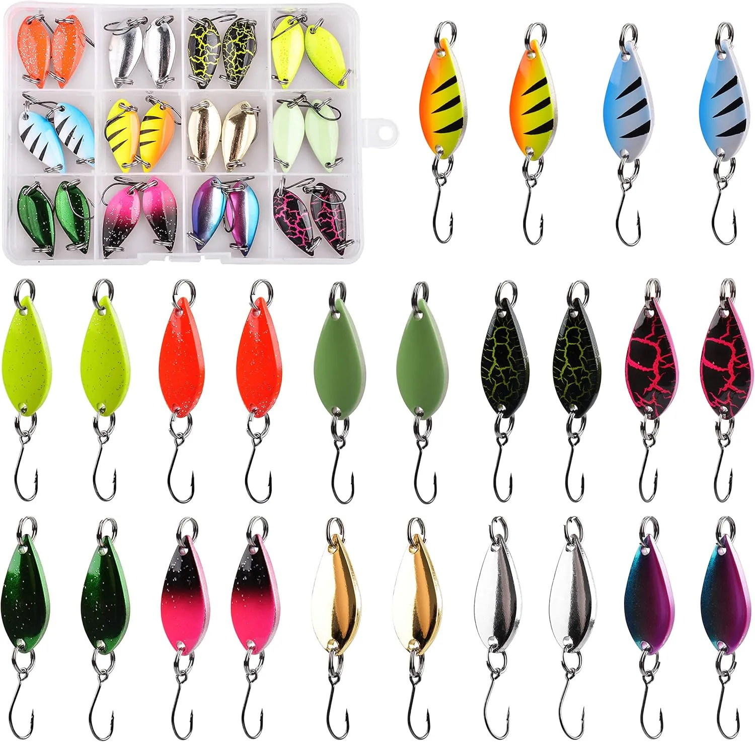 Fishing Spoons Lures for Trout, 12/24pcs Trout Spoons Set Single Hooks Hard Metal Fishing Jigging Bait Tackle Casting Spinner Bait for Crappie Bass Perch Panfish Pike, 1/5 oz