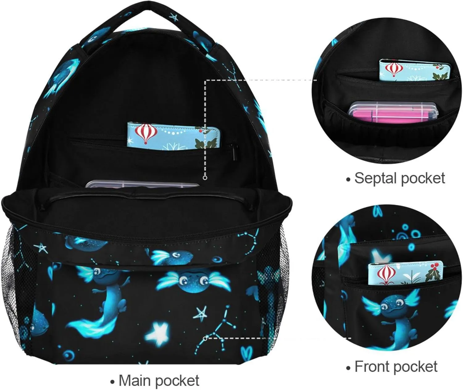 Fisyme Blue Axolotl Fish Laptop Backpack Bag Bookbag Casual Travel Hiking Computer Notebooks Daypacks