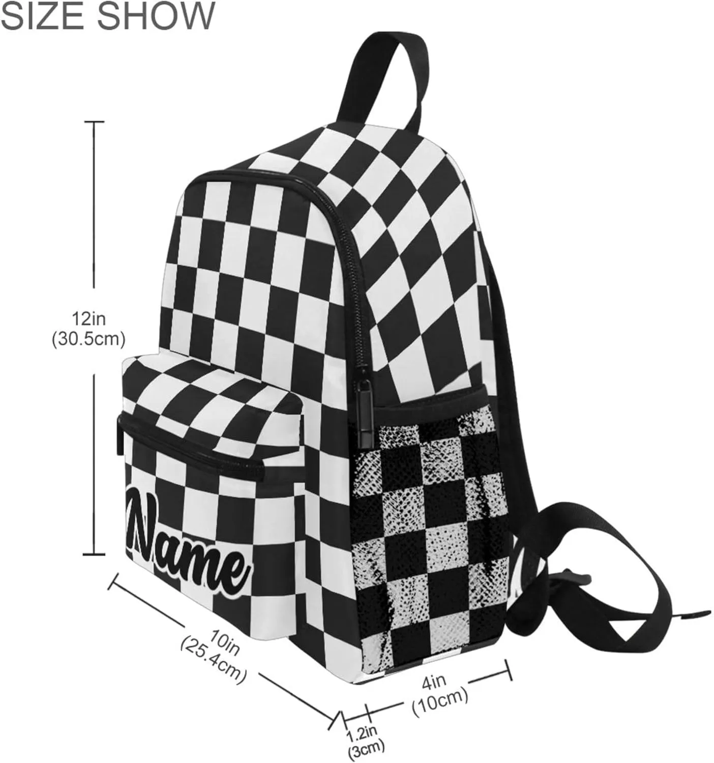 Fisyme Custom Toddler Backpack Black and White Checkerboard Plaid School Bag Kids Daypack for Kindergarten Preschool Nursery Girls Boys, S