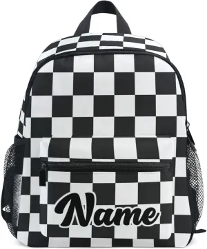 Fisyme Custom Toddler Backpack Black and White Checkerboard Plaid School Bag Kids Daypack for Kindergarten Preschool Nursery Girls Boys, S