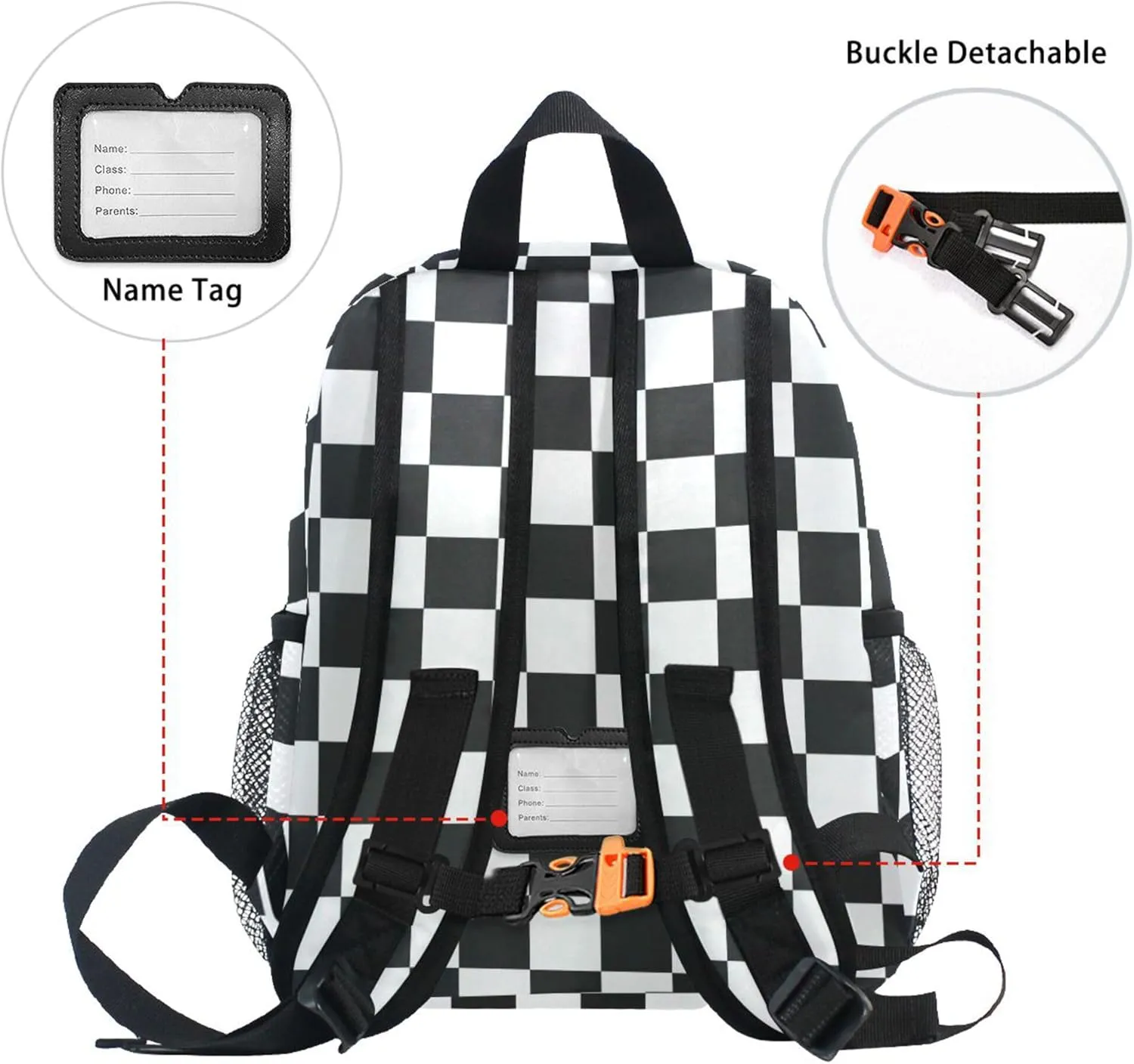 Fisyme Custom Toddler Backpack Black and White Checkerboard Plaid School Bag Kids Daypack for Kindergarten Preschool Nursery Girls Boys, S