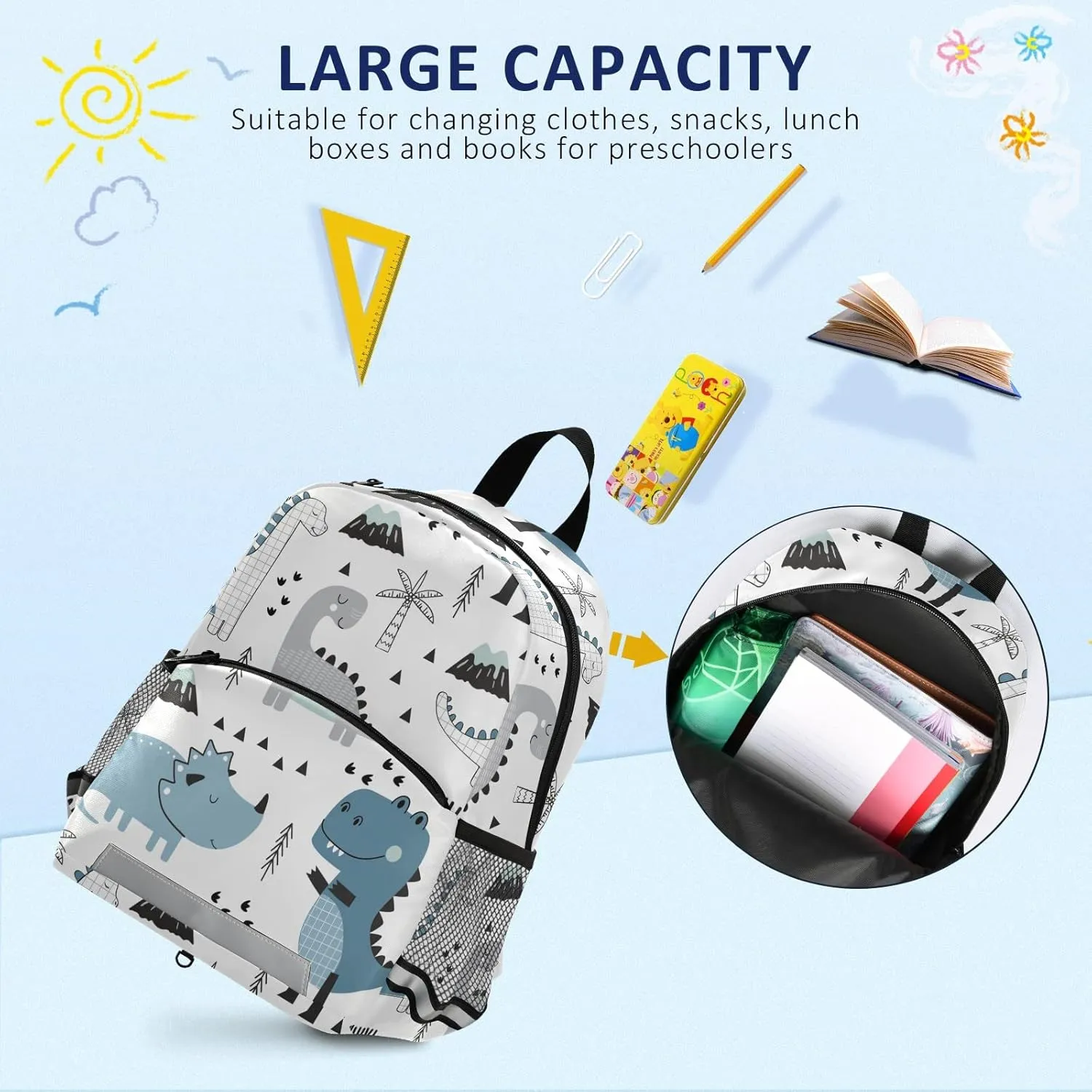 Fisyme Cute Dinosaur Tropical Backpack Schoolbag Kids Daypack Toddler Travel School Bag Small Mini Backpacks for Kindergarten Preschool Nursery Children Boy Girls with Chest Strap