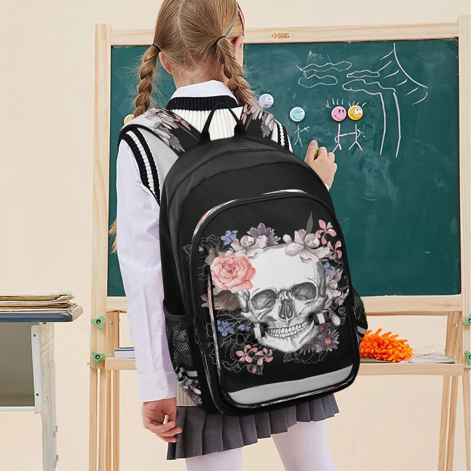 Fisyme Flower Skull School Backpack Laptop Backpack Bags Bookbag Travel Casual Computer Notebooks Daypack