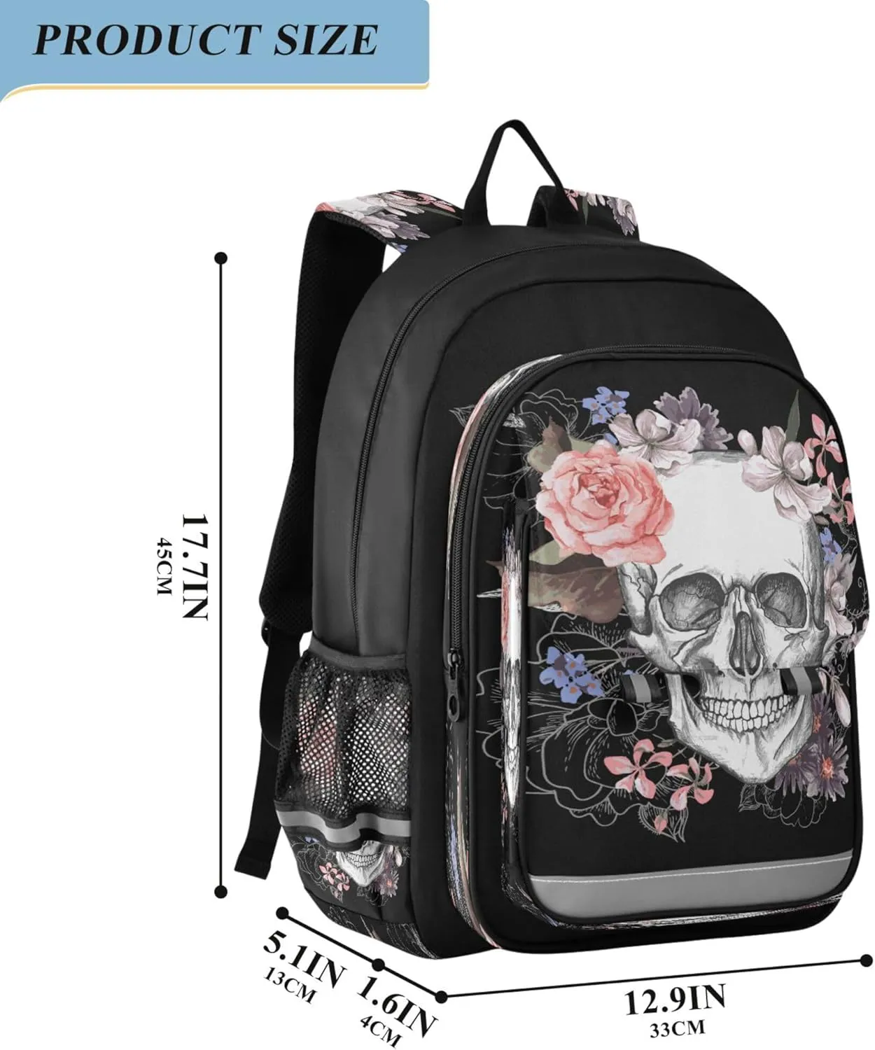 Fisyme Flower Skull School Backpack Laptop Backpack Bags Bookbag Travel Casual Computer Notebooks Daypack