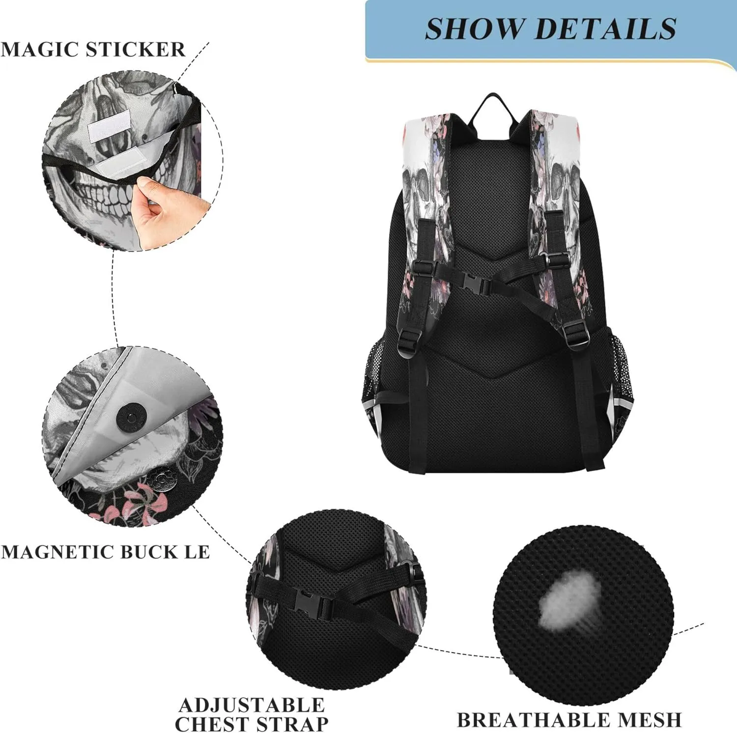 Fisyme Flower Skull School Backpack Laptop Backpack Bags Bookbag Travel Casual Computer Notebooks Daypack