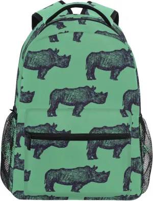 Fisyme Rhino Rhinoceros Green Laptop Backpack Bag Bookbag Casual Hiking Travel Notebooks Computer Daypacks