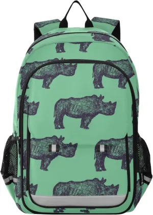 Fisyme Rhino Rhinoceros Green School Backpack Laptop Backpacks Bags Bookbag Travel Casual Computer Notebooks Daypacks