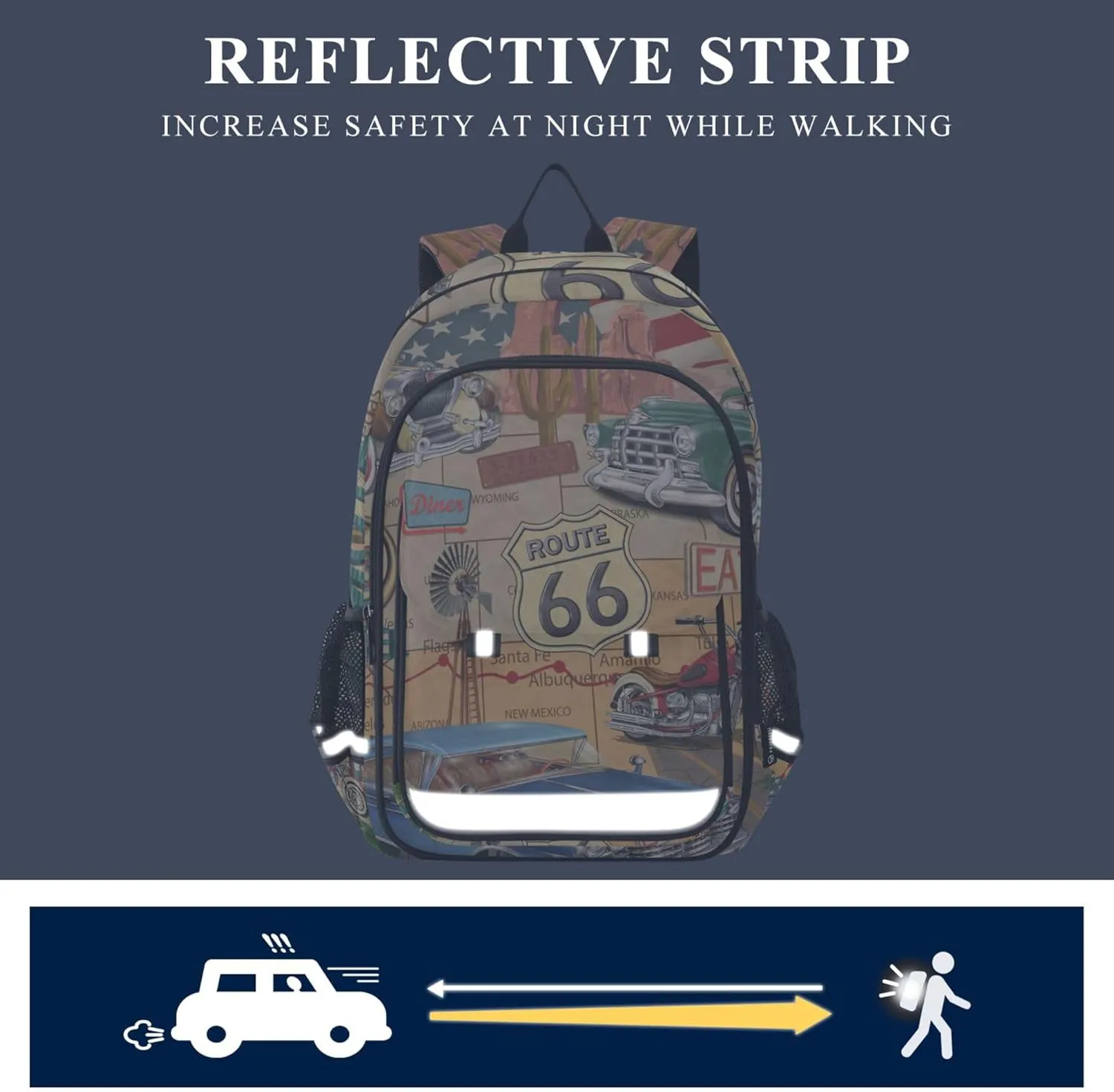 Fisyme Vintage Route 66 School Backpack Laptop Backpack Bags Bookbag Travel Casual Computer Notebooks Daypack