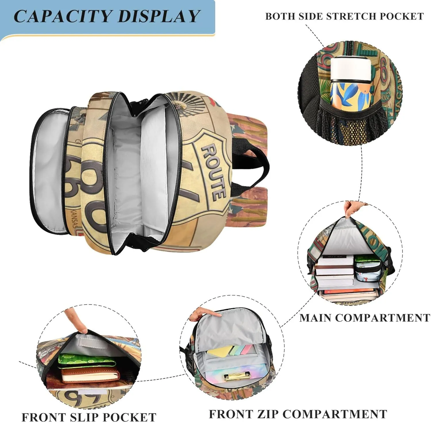 Fisyme Vintage Route 66 School Backpack Laptop Backpack Bags Bookbag Travel Casual Computer Notebooks Daypack