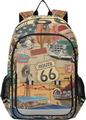 Fisyme Vintage Route 66 School Backpack Laptop Backpack Bags Bookbag Travel Casual Computer Notebooks Daypack