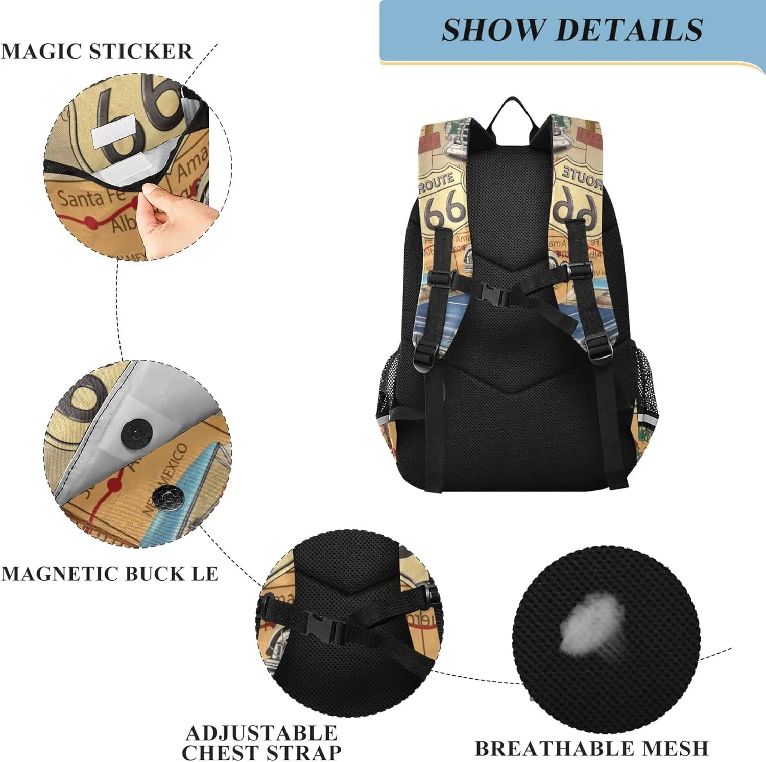 Fisyme Vintage Route 66 School Backpack Laptop Backpack Bags Bookbag Travel Casual Computer Notebooks Daypack