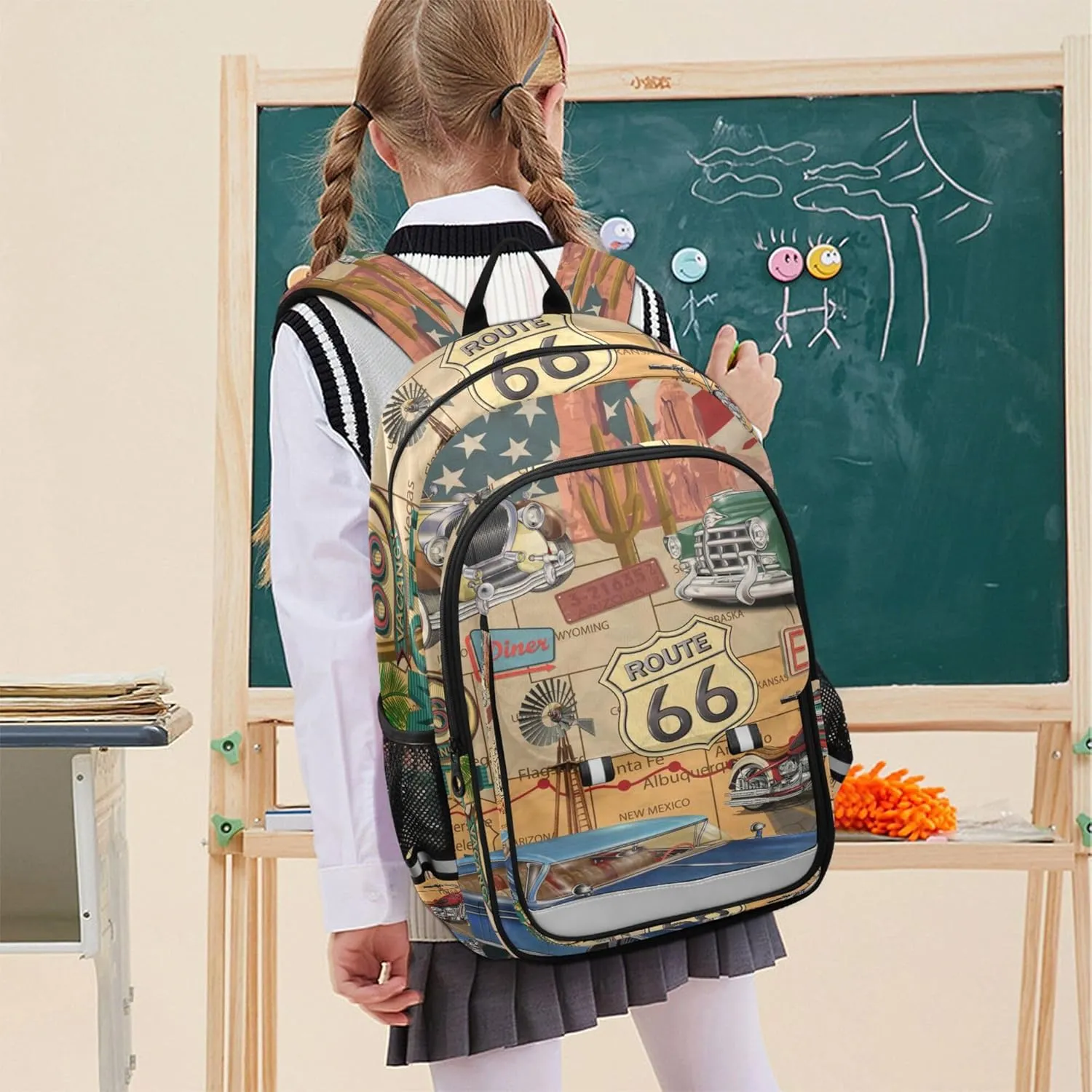 Fisyme Vintage Route 66 School Backpack Laptop Backpack Bags Bookbag Travel Casual Computer Notebooks Daypack