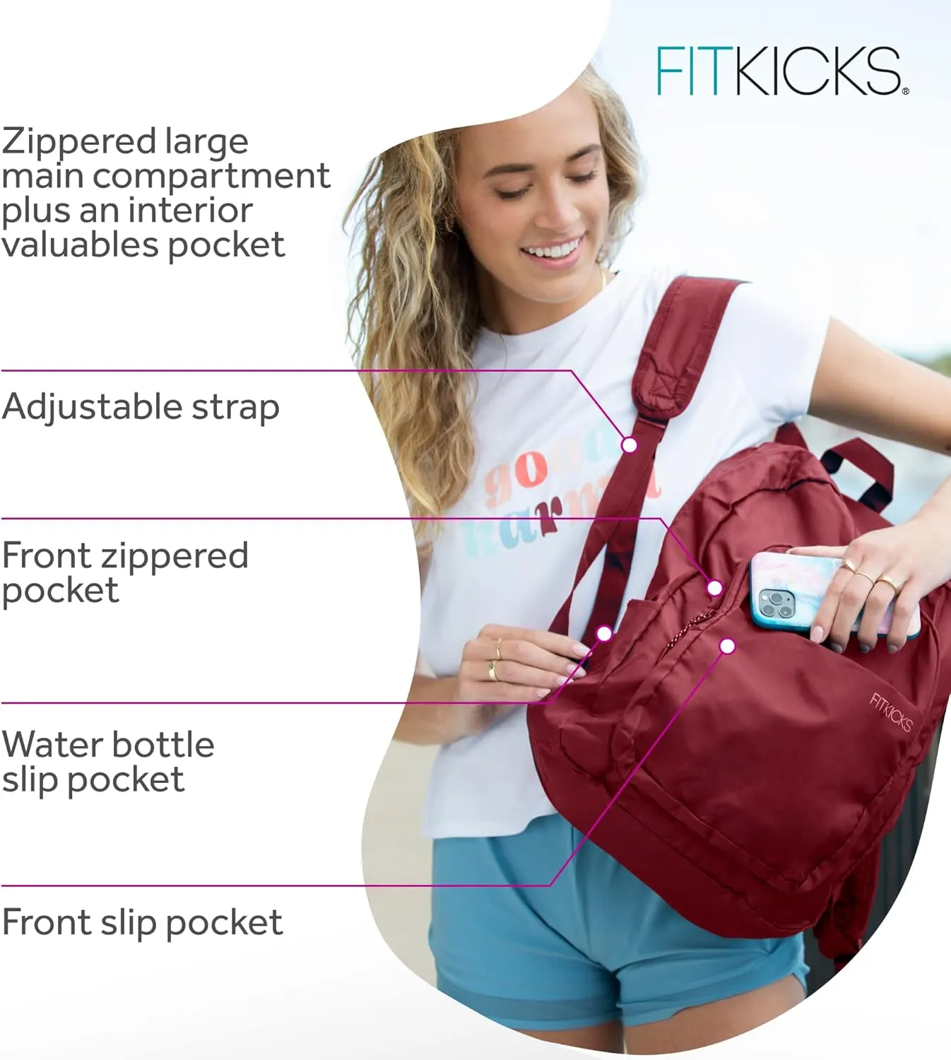 FITKICKS Hideaway Packable Zippered Backpack Hiking Camping Outdoor Sport Travel Backpack Daypack for Women