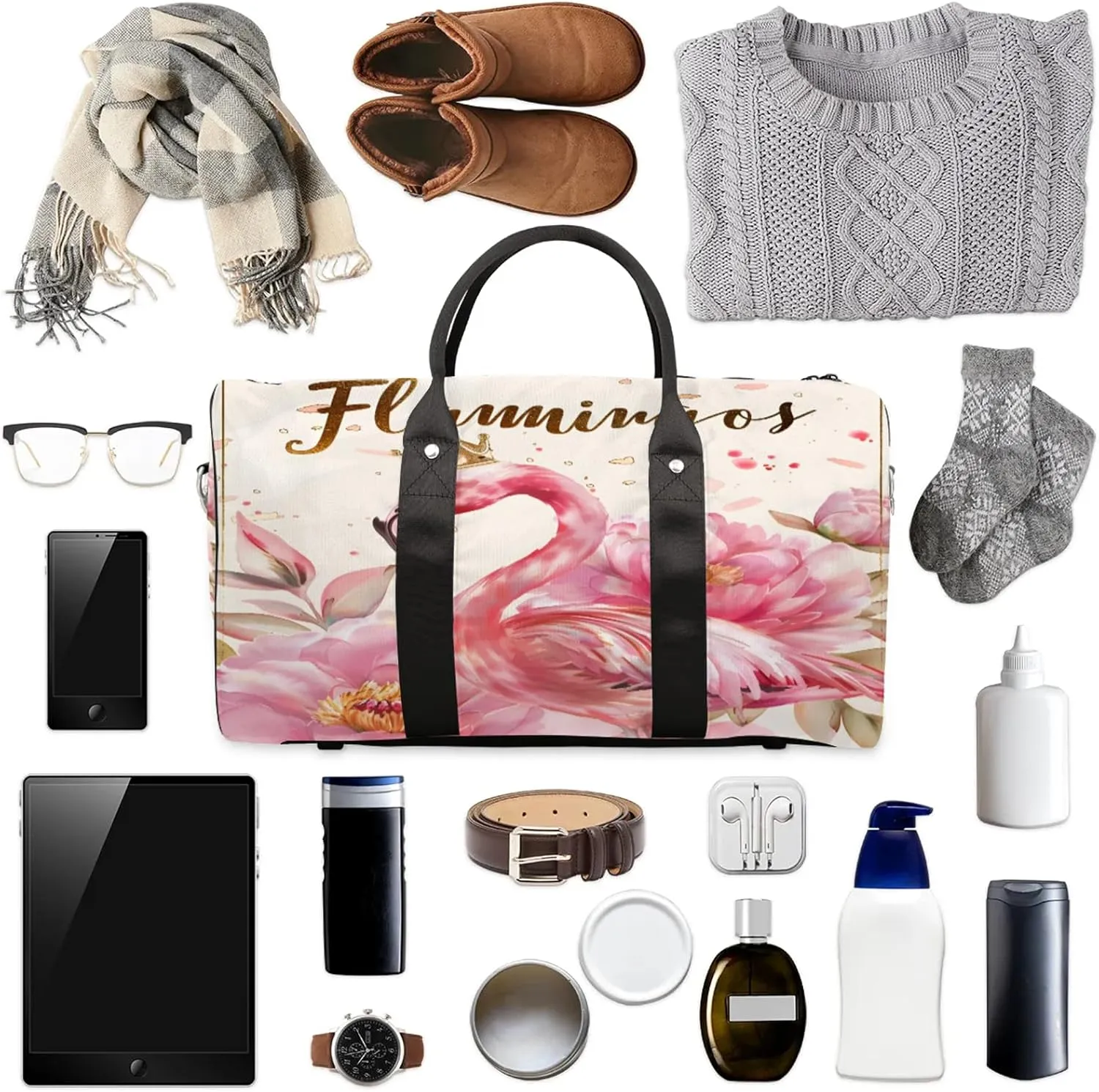 Flamingo Flower Travel Bag for Men Women, Gym Duffle Bags for Travel, Carry On Luggage Bag, Weekender Overnight Workout Bags