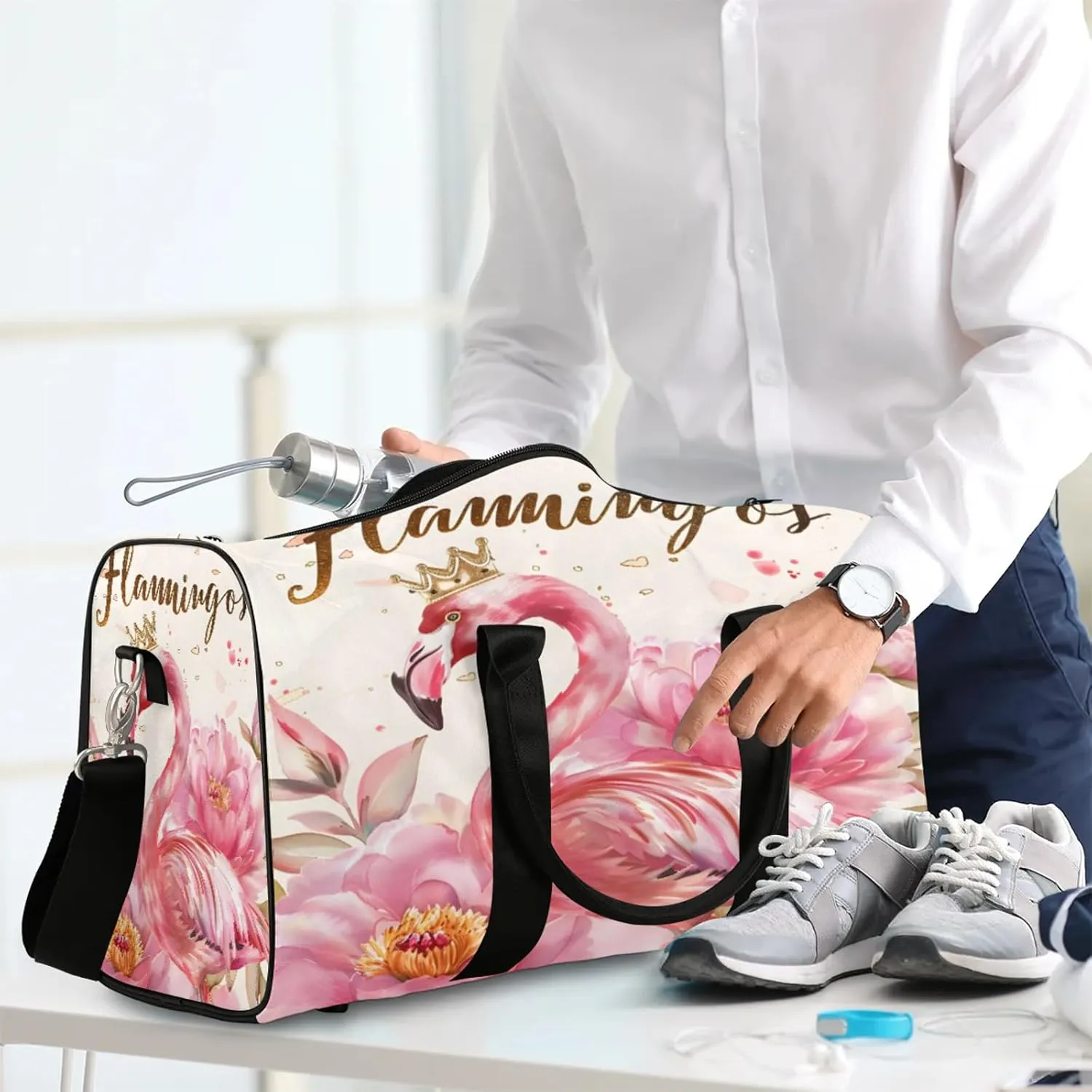 Flamingo Flower Travel Bag for Men Women, Gym Duffle Bags for Travel, Carry On Luggage Bag, Weekender Overnight Workout Bags