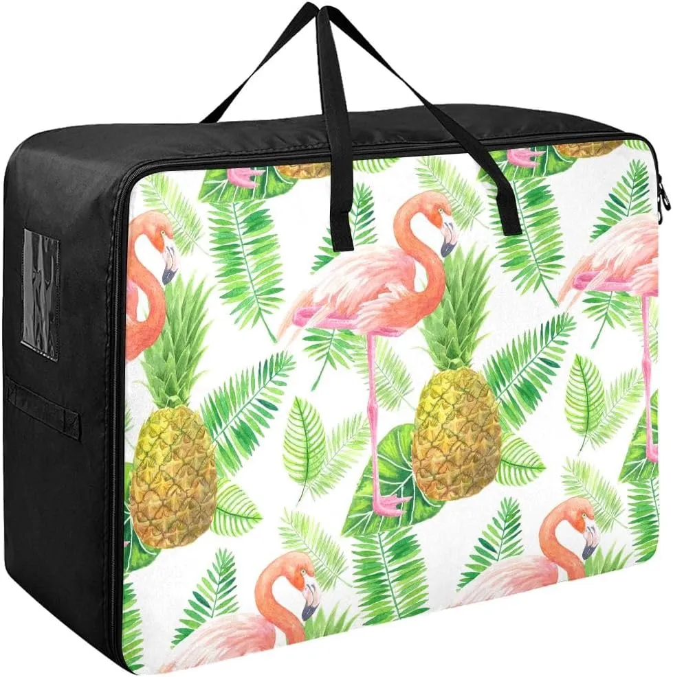 Flamingo Pineapple Leaves Storage Bags, 27.5x19.7x11 In, Extra Large Storage Duffle Bag with Zippers and Handles Zippered Storage Bag for Moving