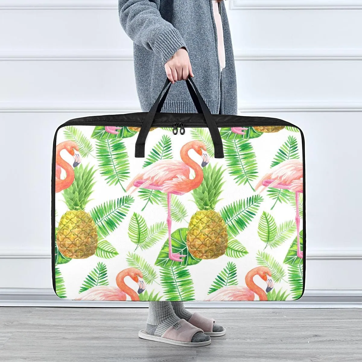Flamingo Pineapple Leaves Storage Bags, 27.5x19.7x11 In, Extra Large Storage Duffle Bag with Zippers and Handles Zippered Storage Bag for Moving