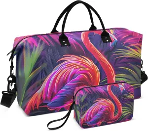 Flamingo Travel Duffle Bag Gym Bag, Flamingo Reddish Color Weekender Bags for Women with Toiletry Bag Travel Tote Bag Swim Bag