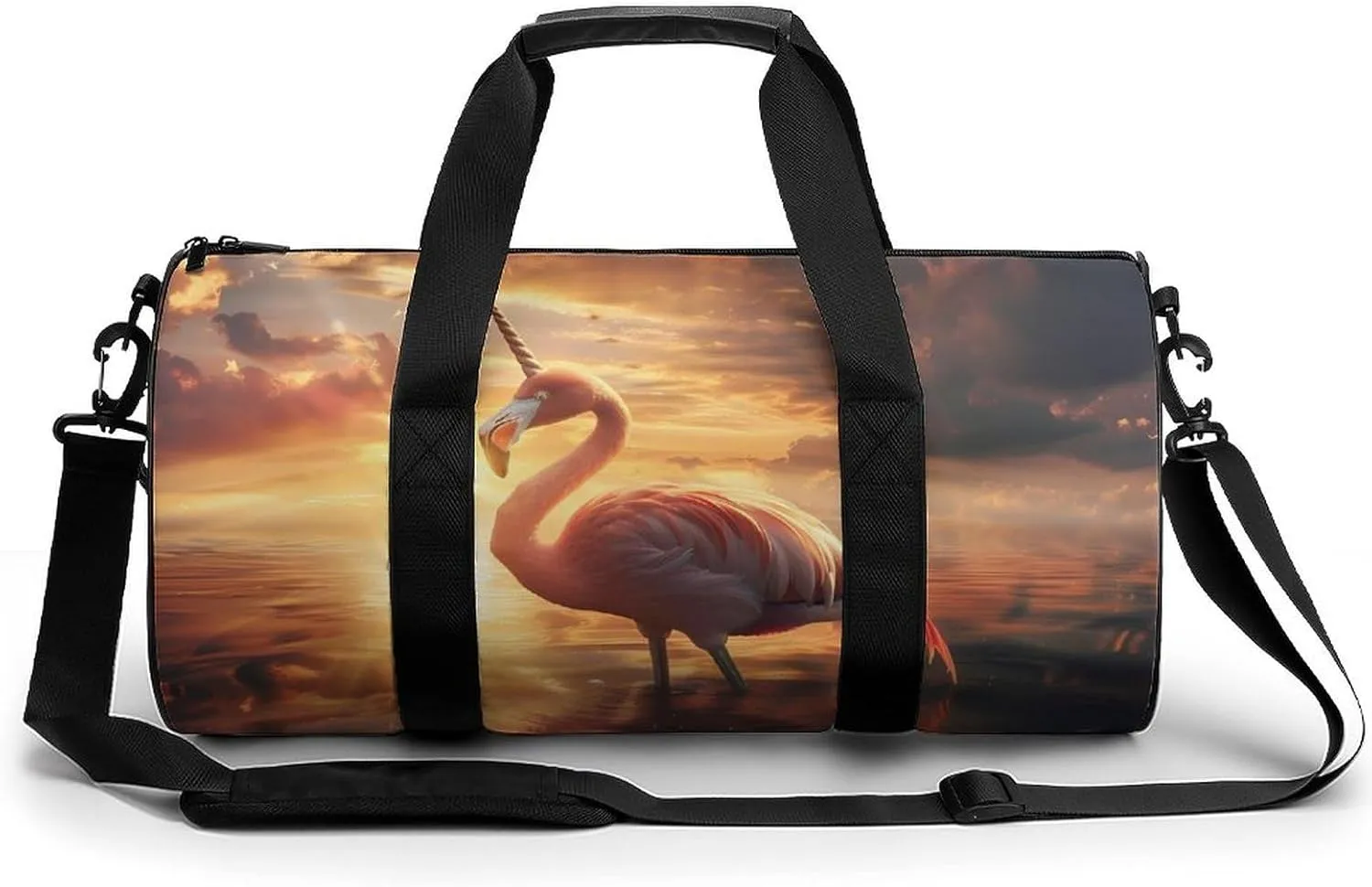 Flamingos Unicorm Flamnicorn at Sunrise Round Barrel Gym Sport Bag Small Travel Duffel Bags Reusable Tote for Men Women