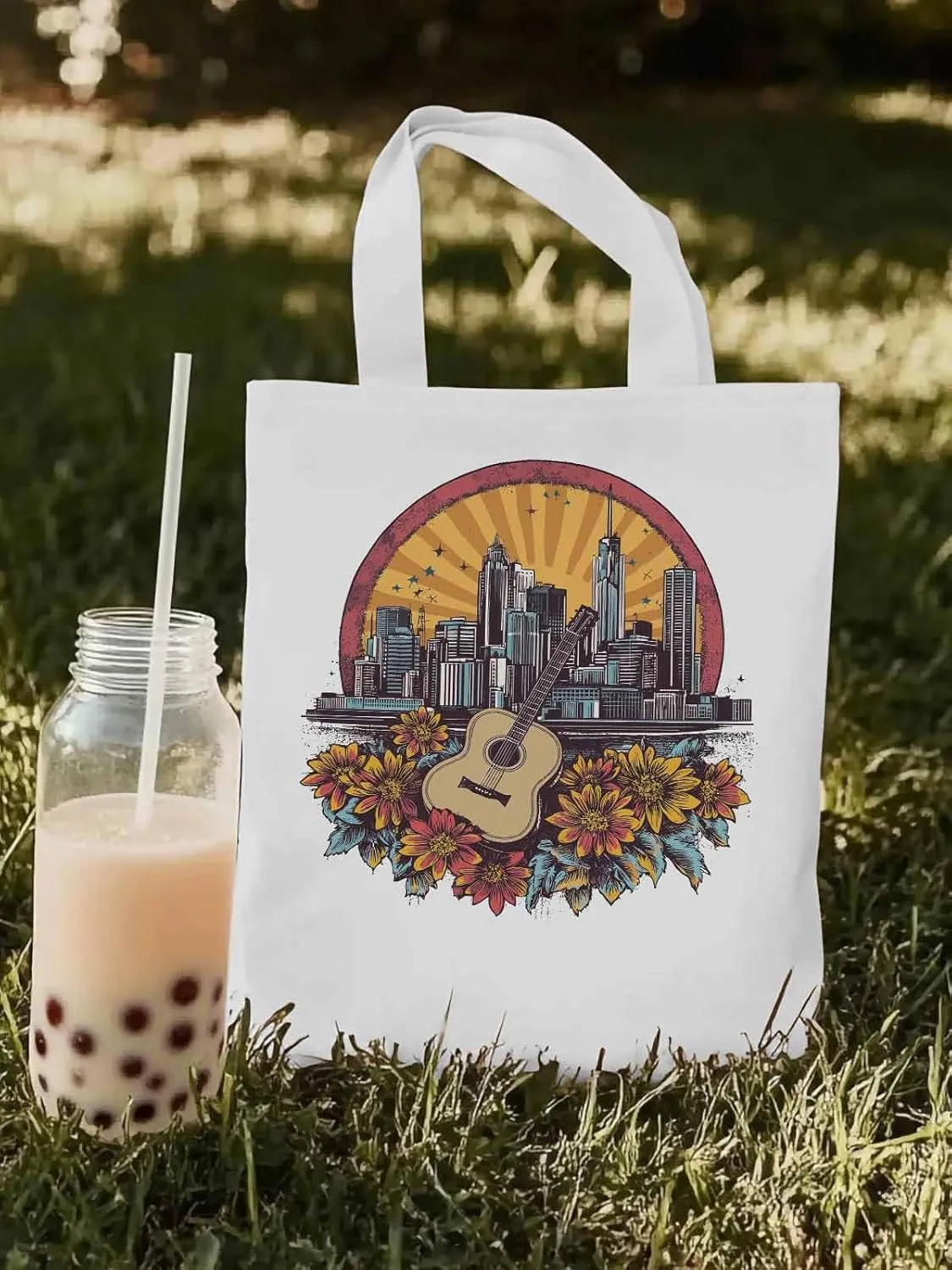 Floral Guitar Building City Skyscraper Canvas Tote Bag, Aesthetic Canvas Tote Handbags for Women Shoulder Bag