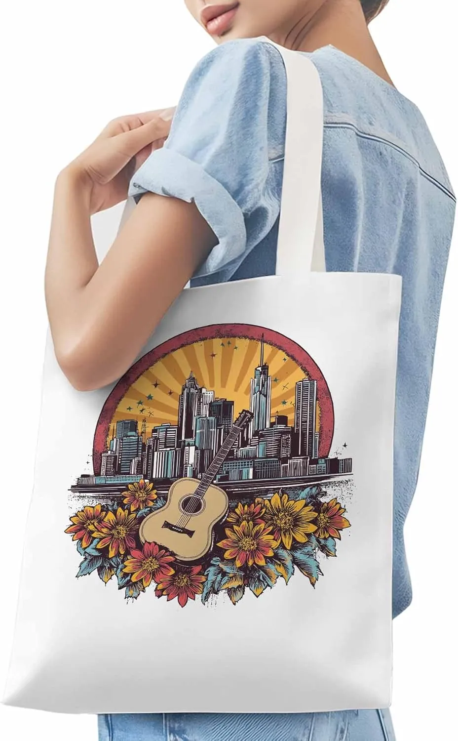 Floral Guitar Building City Skyscraper Canvas Tote Bag, Aesthetic Canvas Tote Handbags for Women Shoulder Bag