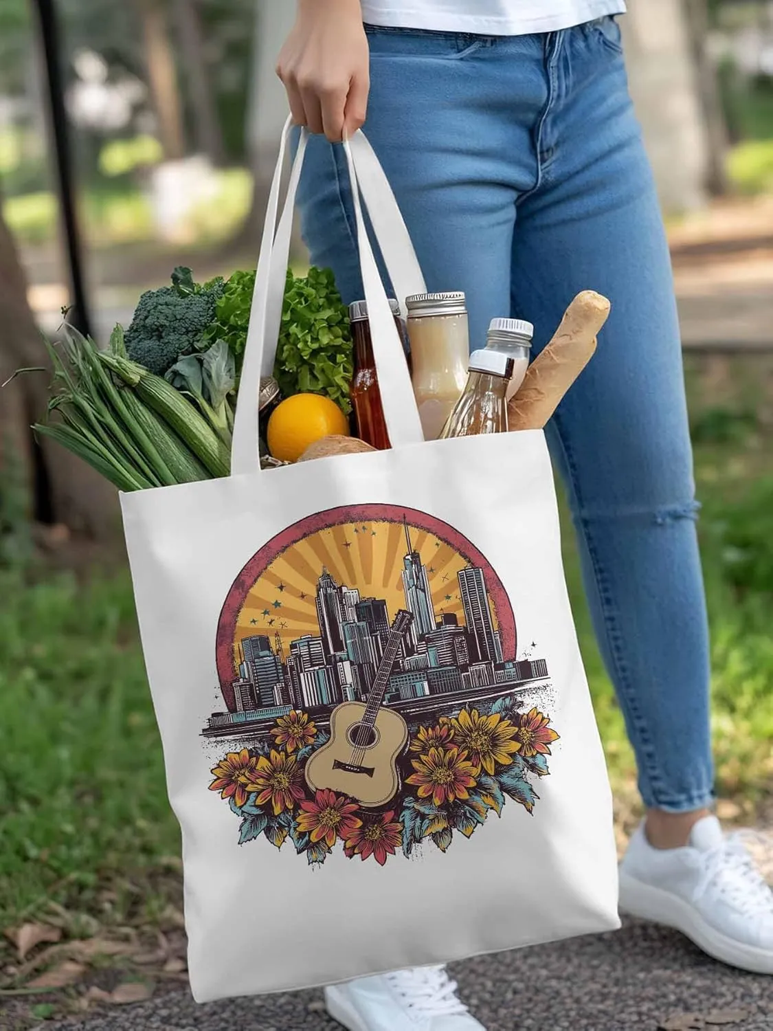 Floral Guitar Building City Skyscraper Canvas Tote Bag, Aesthetic Canvas Tote Handbags for Women Shoulder Bag