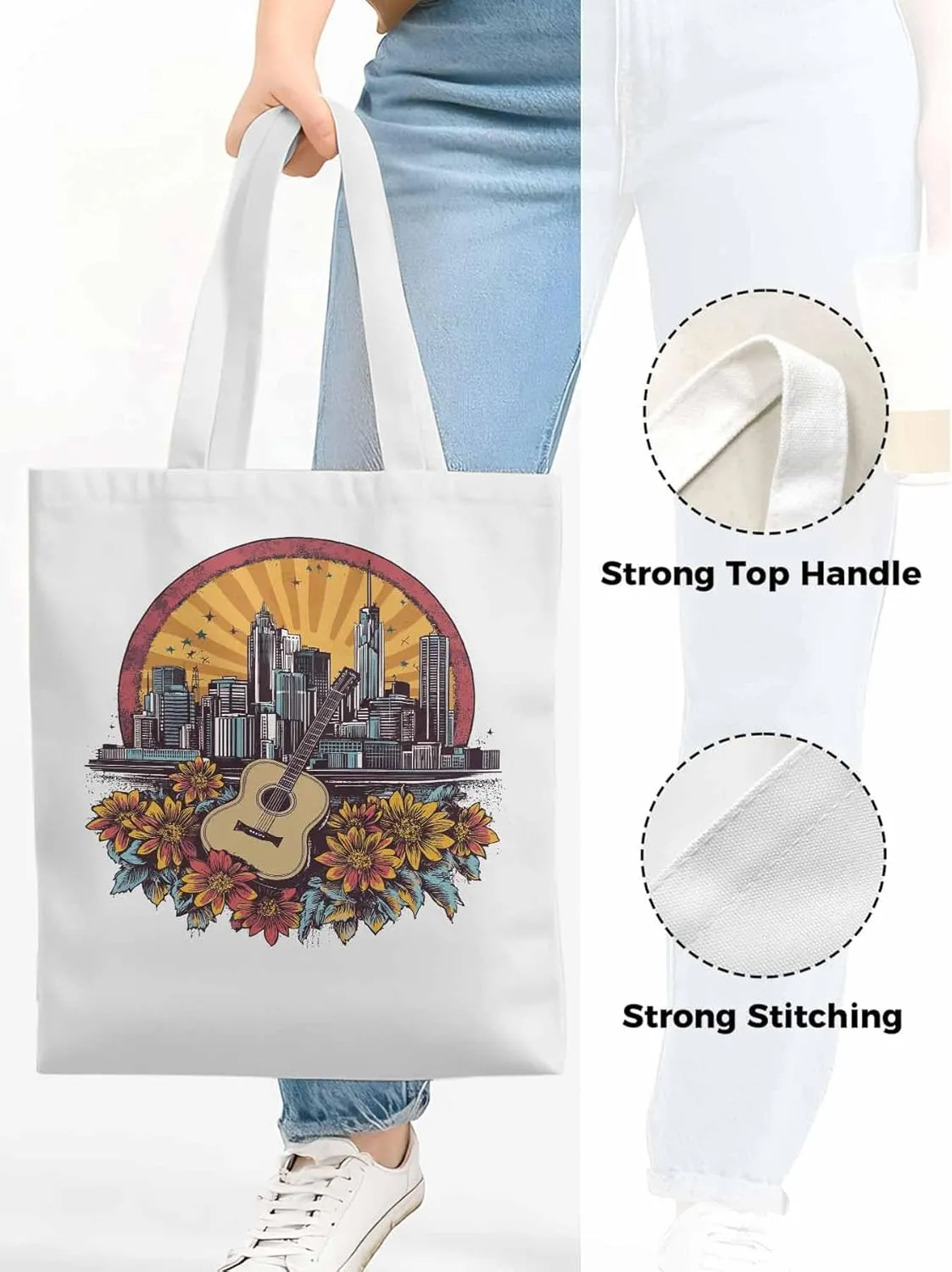 Floral Guitar Building City Skyscraper Canvas Tote Bag, Aesthetic Canvas Tote Handbags for Women Shoulder Bag