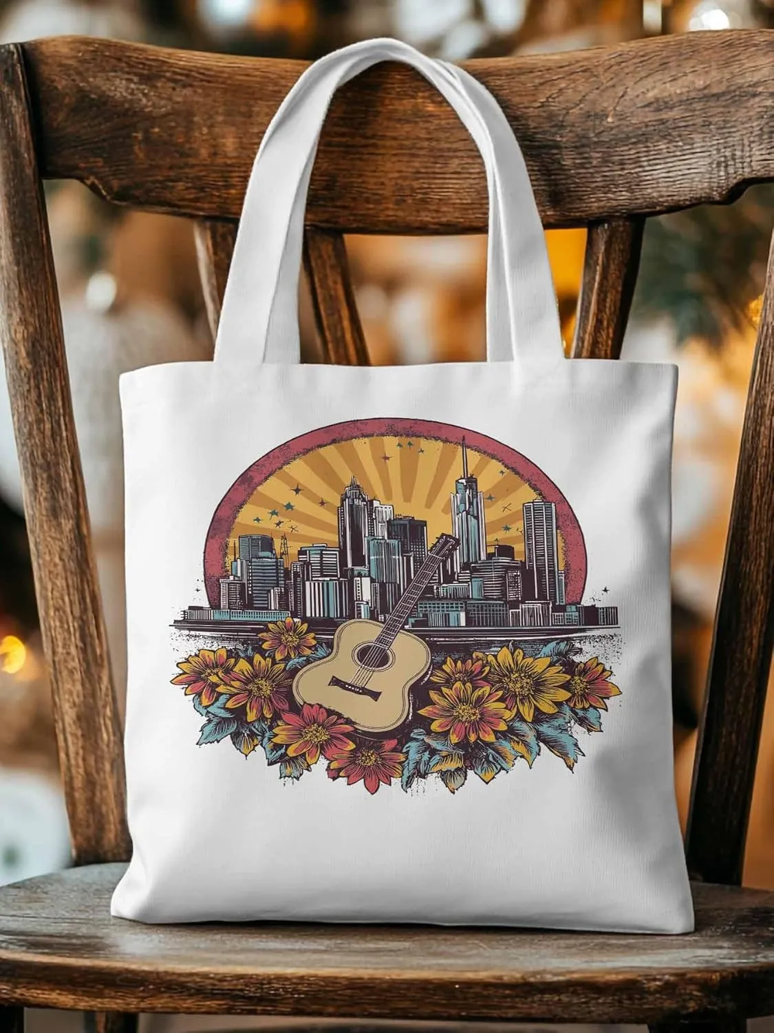Floral Guitar Building City Skyscraper Canvas Tote Bag, Aesthetic Canvas Tote Handbags for Women Shoulder Bag